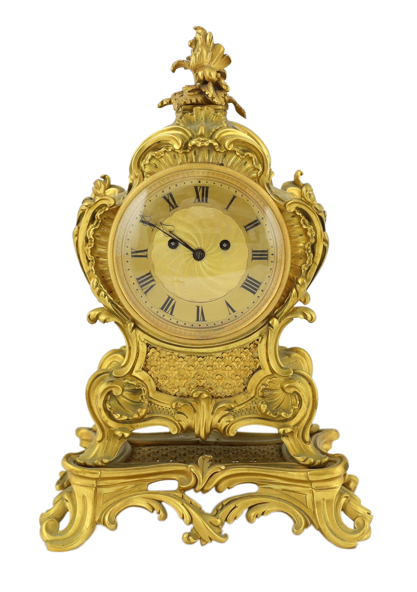 William Payne of 163 New Bond Street, London, a mid 19th century ormolu rococo revival mantel clock striking on a bell, 23cm wide, 15cm deep, 35cm high